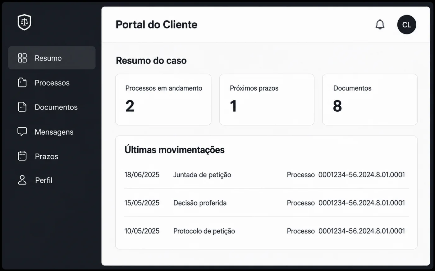 Área do cliente com acompanhamento do processo, atualizações, documentos e mensagens
